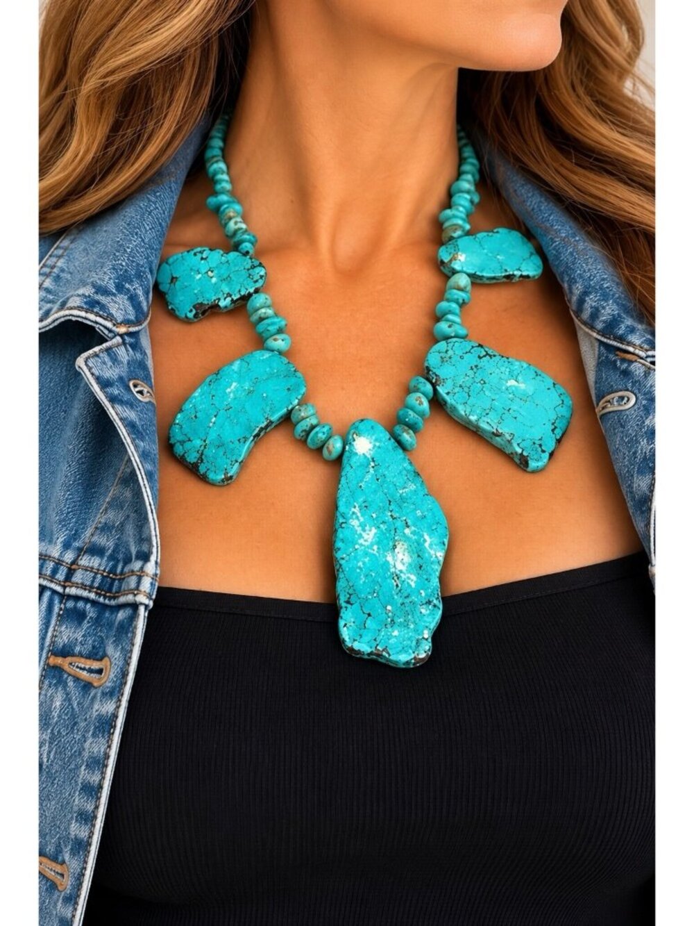 Chunky Turquoise Color Stone Slab Statement Necklace 17” Boho Southwestern 138g
